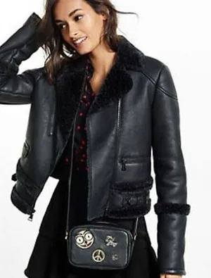 NEW Express black faux fur shearling Moto coat Sz XS Faux Leather Zipper chic thumbnail 1
