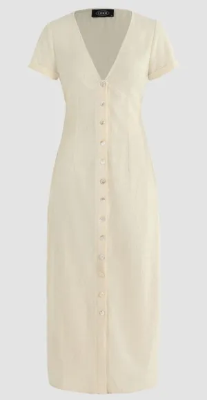Cider Solid V-neck Yellow Button Shift‎ Maxi Dress MEDIUM NWT Coastal Casual thumbnail 1