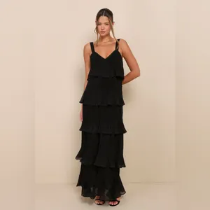 LULU’S Elegant Nature Black Pleated Sleeveless Tiered Maxi Dress thumbnail 3