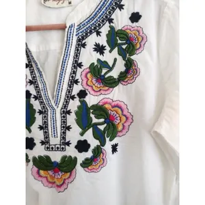 Boho Embroidered Tunic Blouse Cotton Peasant Top White Floral Resort Coverup M thumbnail 7