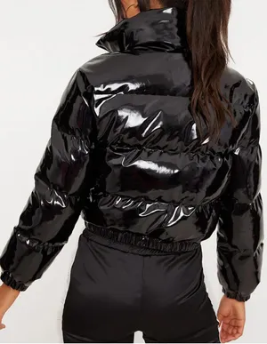 NWT Nanyfair Women's Black Shiny Vinyl Cropped Puffer Jacket Size L thumbnail 4