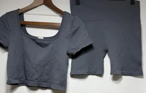 No Boundaries Gray Ribbed Seamless Set L‎ 12-14 Crop Top Biker Shorts Lounge Y2K thumbnail 1