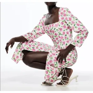 Zara‎ Square Neck Floral Print Midi Dress Pink White Long Sleeve Slit thumbnail 2