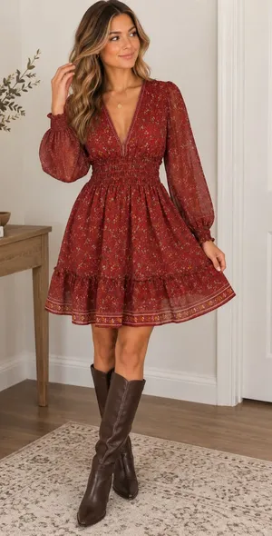 Max Studio Floral Smocked Waist Mini Dress Size S Rust Red Boho Fall thumbnail 1