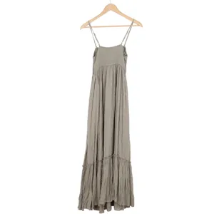 Lovestitch Smocked Tiered Maxi Dress Olive Grey Rayon Boho M thumbnail 4