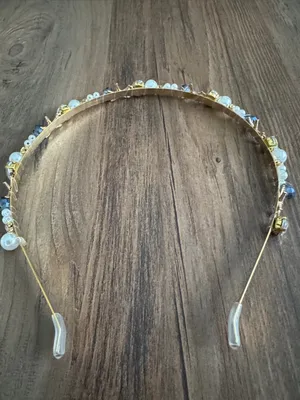 Gold Shell & Pearl Headband with Blue Crystal Accents thumbnail 4