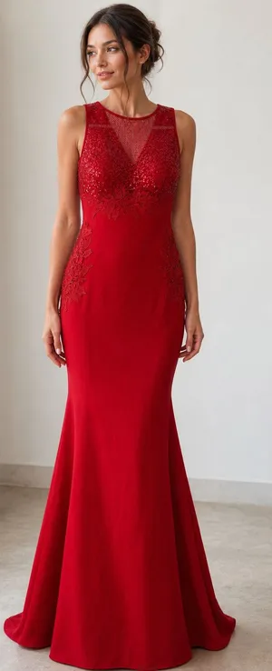 Red Sleeveless Sequin Evening Gown with Lace Detail thumbnail 1