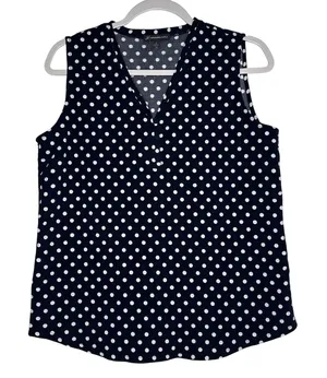 Adrianna Papell Womens Navy Blue White Polka‎ Dot V-Neck Sleeveless Blouse Small thumbnail 1