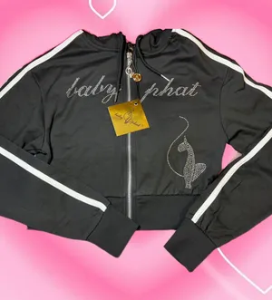 NWT Baby Phat Black Rhinestone Logo Cropped Jacket with White Stripes Size XS thumbnail 1