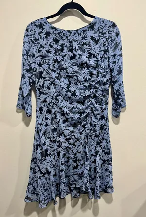 Lulus Lalaine Dusty Blue Black Floral Ruched Asymmetrical Mini Dress S DDSW695 thumbnail 1