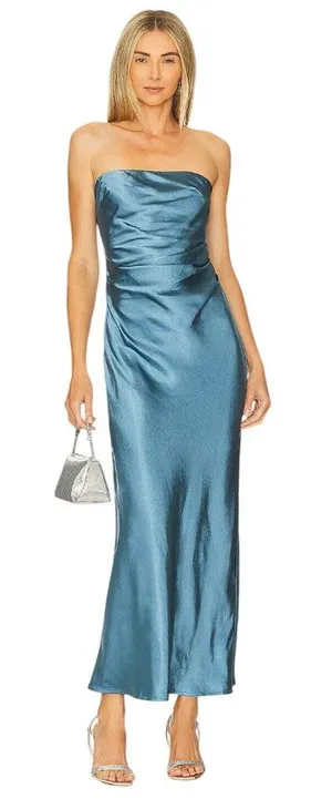 Runaway The Label Kristine Dress in Steel Small New Womens Satin Maxi Strapless thumbnail 1