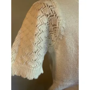 Knit Mix White Floral Embroidered Shimmer Crop Sweater Top Pointelle Puff y2k S thumbnail 2