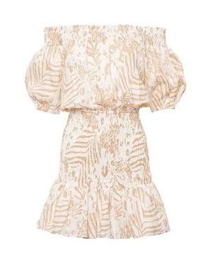 SABO LUXE Camari Linen Dress Smocked Patterned Ruffle Hem‎ White Beige Women's S thumbnail 1