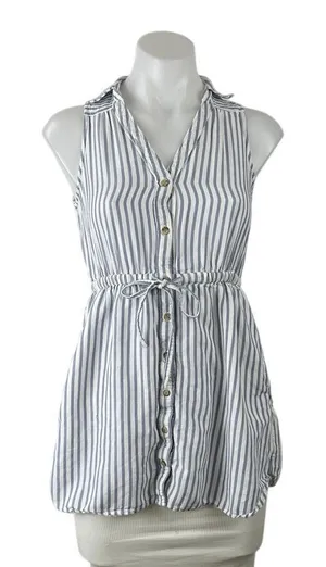 Abercrombie & Fitch Blue Striped Sleeveless Tie Waist Button Up Shirt Top Sz XS thumbnail 1