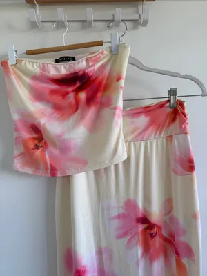 Blue Blush Floral Cream Two-Piece Skirt Set with Pink & Coral Blooms thumbnail 2