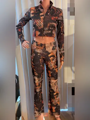 Jaded London Abstract Burn Print Ribbed Zip-Up Cardigan & Flare Pants Set. thumbnail 2