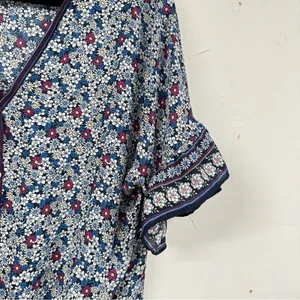 Max Studio Ditsy Floral Blue & Pink Flared Sleeve Tie Front Blouse S thumbnail 4