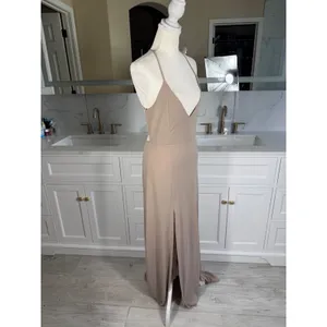 Maxi Dress Womens M Taupe Deep V-Neck Double Slit Open Back Gown thumbnail 8