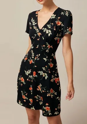 Rihoas Black V Neck Floral Button Up Mini Dress thumbnail 1