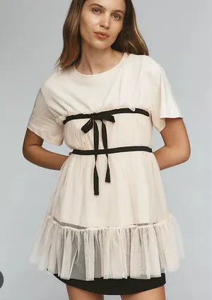 Anthropologie Cream Tulle Babydoll Dress with Black Ribbon thumbnail 1