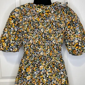NWT Plunge Smocked Cotton Floral Mini Dress Yellow Black Blue XS thumbnail 8