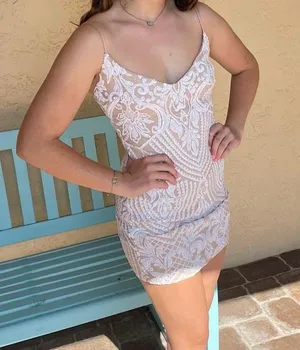 Windsor Nude and White V-Neck Mini Dress thumbnail 1