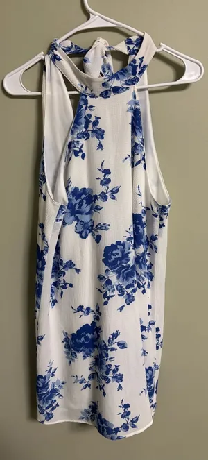 Lulus Darling Dearest Floral Print Swing Dress Size Medium White Blue Halter thumbnail 1