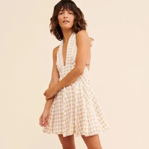 ✨HP✨FP Do The Twist Women's Gingham Deep V-Neck Pleated Mini Halter Dress✨ thumbnail 6