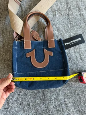 True Religion Navy Denim Mini Tote with Brown Leather Accents thumbnail 8