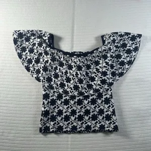 Club Monaco Rowlen Floral Off-Shoulder Top Womens Size XS Navy Blue White Knit thumbnail 5