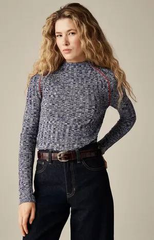 J.Crew Womens‎ XL Blue Marled 100% Merino Wool Wide Rib Mockneck Sweater Raglan thumbnail 1