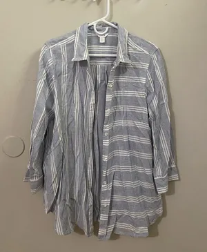 intro. Light Blue and White Striped Women's Button-Down Shirt thumbnail 1