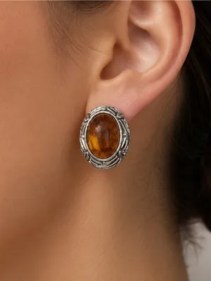 Estate Amber Sterling Silver Earrings Baltic Cognac Color Signed thumbnail 2