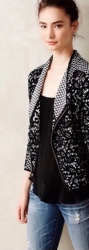 Moth Anthropologie Black & White Jacquard Moto Jacket with Asymmetrical Zipper thumbnail 1