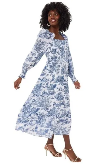 Hyacinth House Long Sleeve Georgina Midi Dress in Blue Toile XXSmall New Womens thumbnail 1