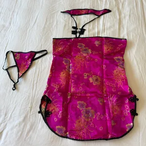 Hot Pink Satin Brocade Halter Top ✧ Chinese Cheongsam Style Lingerie Set ✧ Open Back Lace-Up ✧ Large ✧ Y2K Festival Top + Thong thumbnail 1