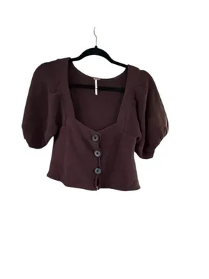 Free People Brown Cropped Puff Sleeve Cardigan thumbnail 8