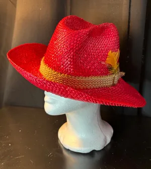 Red Straw Cowboy Hat‎ with Woven Band and Feather Accent Western Style Fedora thumbnail 1