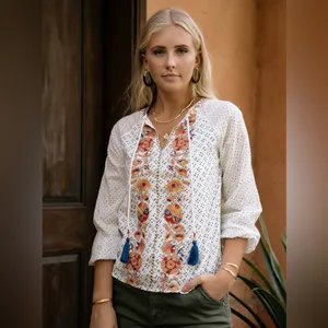 NWT Bohme Spanish Embroidered White Top Tassels Gold Beading M thumbnail 9