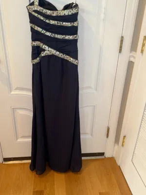 Navy Blue One Shoulder Sequin Beaded Formal Maxi Dress Evening Gown thumbnail 4