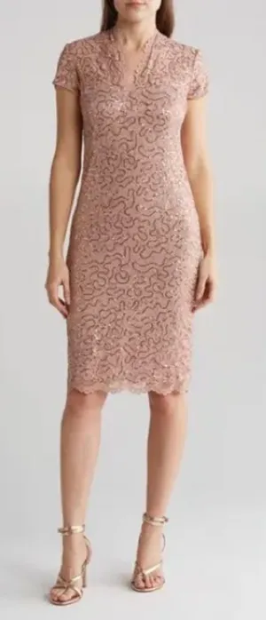 NWT Marina Lace Cap Sleeve Scalloped V-Neck Sheath Dress Blush Pink Size XL thumbnail 1