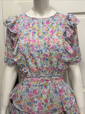 LoveShackFancy 100% Cotton Smocked Ruffle Mini Dress Blue & Pink Floral Size XS thumbnail 4