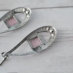 Long Silver Tone, Pink, Clear Gem Dangle Earrings thumbnail 4