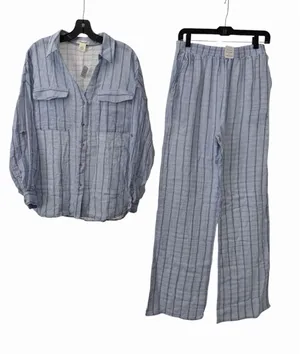 Passport Pajama Set 100% Cotton Gauze Womens Large Blue Long Sleeve Pants #O3-3 thumbnail 1