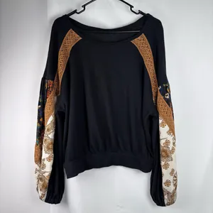 Free People Black Waffle Knit Mixed Print Balloon Sleeve Pullover Top (M/L) thumbnail 2