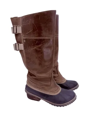 Sorel Women's Brown Leather Slimpack Li Tall Riding Boots Size 7 thumbnail 1