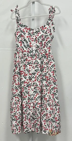 Code Mode Cherry Print Cotton Midi Dress White Red Small Summer Picnic thumbnail 1
