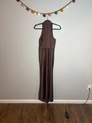 Rinascimento chocolate brown silky draped cowl neck cocktail dress thumbnail 7