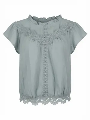 Mine Dusty Blue Lace Trim Blouse Short Sleeve Ruffle Neck Boho Women’s M thumbnail 1