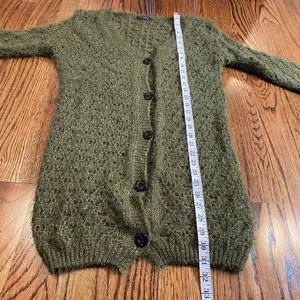 Chartreuse Olive Green Open Knit Fuzzy Cardigan Size M thumbnail 6